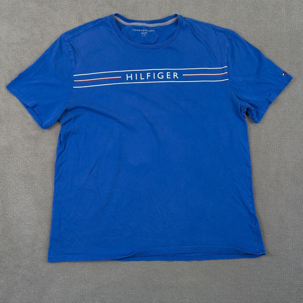 Tommy Hilfiger T-Shirt Mens Large Blue Logo Crew Neck Short Sleeve Y2K Tee